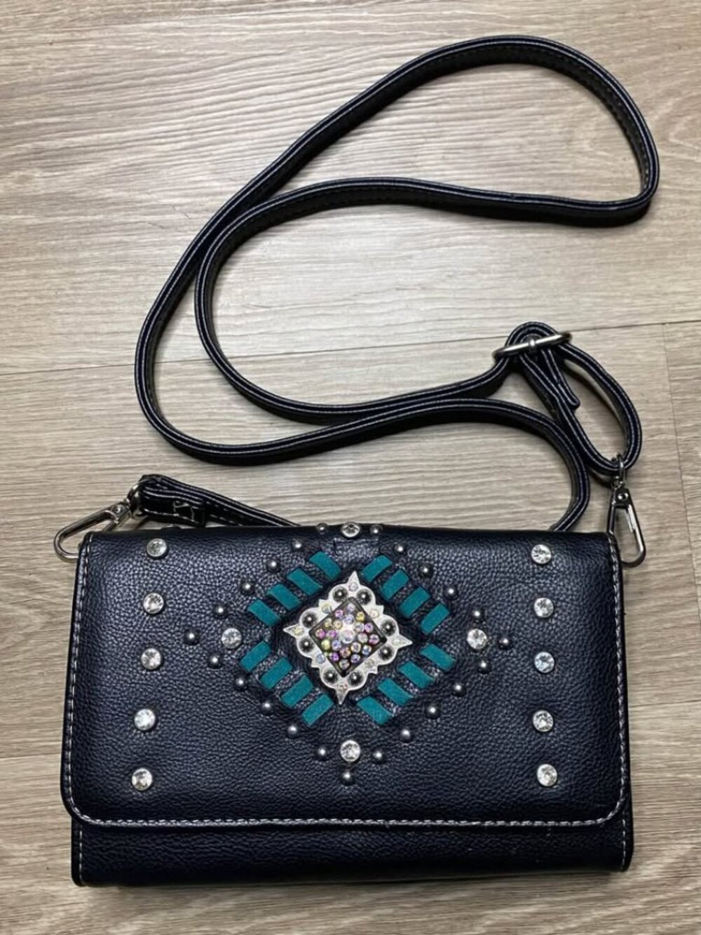 American Bling Crossbody Bag – Rhinestone & Turquoise Accent Convertible Bag
